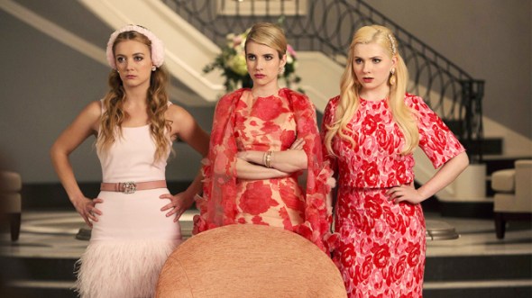 SCREAM QUEENS: Pictured L-R: Billie Lourd as Chanel #3, Emma Roberts as Chanel Oberlin and Abigail Breslin as Chanel #5 in "Pilot," the first part of the special, two-hour series premiere of SCREAM QUEENS airing Tuesday, Sept. 22 (8:00-10:00 PM ET/PT) on FOX. ©2015 Fox Broadcasting Co. Cr: Steve Dietl/FOX.